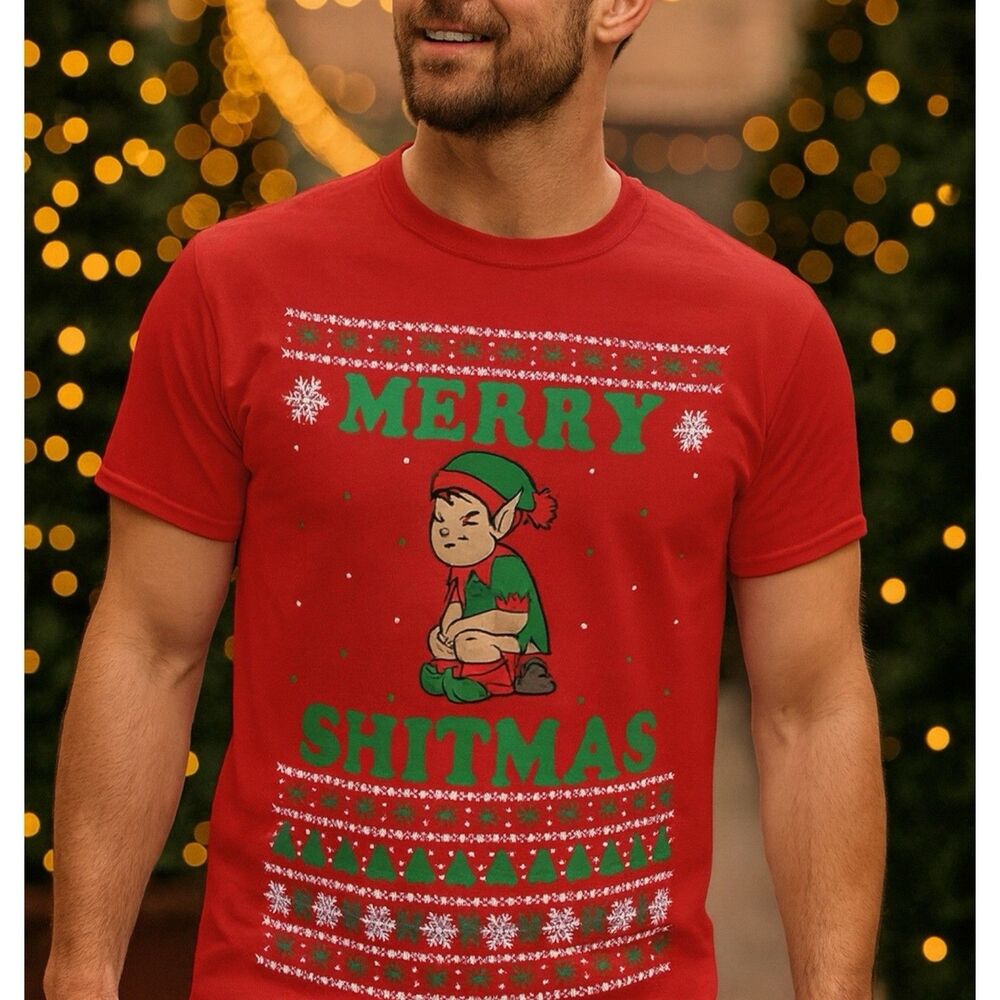 Merry Shitmas Elf Shirt Mens Small Red Funny Christmas Graphic Tee Novelty Humor - Picture 1 of 8
